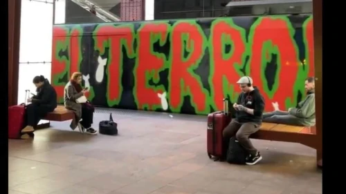 A train covered in anti-Israel graffiti pulls into a station in Antwerp, Belgium on Nov. 24, 2025. Photo courtesy of FJO.