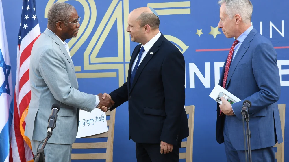 Israeli Prime Minister Naftali Bennett greets House Foreign Affairs Committee chairman Gregory Meeks Gregory Meeks (D-N.Y.). Also pictured is U.S. embassy charge d'Affaires Michael Ratney. Credit: U.S. Embassy Jerusalem.