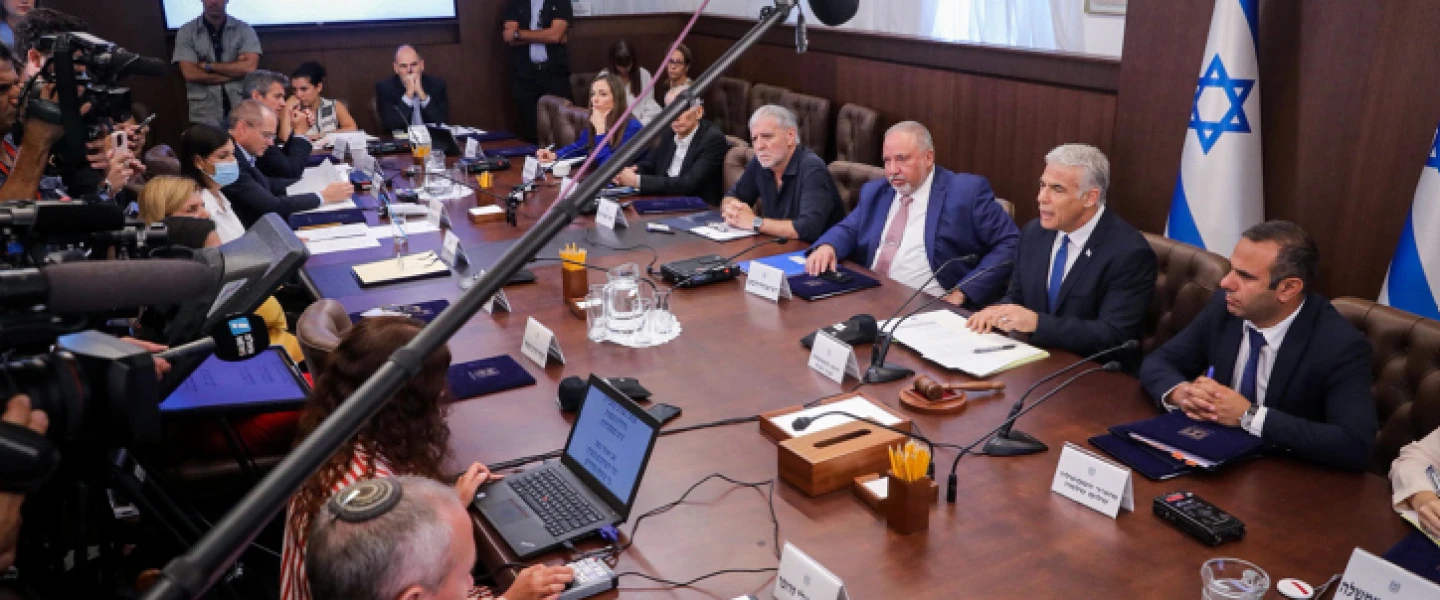 Israeli Prime Minister Yair Lapid leads the weekly Cabinet meeting, at the Prime Minister's Office in Jerusalem on July 24, 2022. Photo by Marc Israel Sellem/POOL.