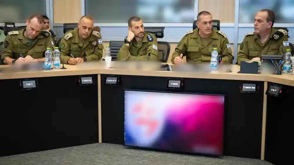 Israel Defense Forces Chief of Staff Lt. Gen. Eyal Zamir (second from right) meets with the General Staff Forum, June 24, 2025. Credit: IDF.