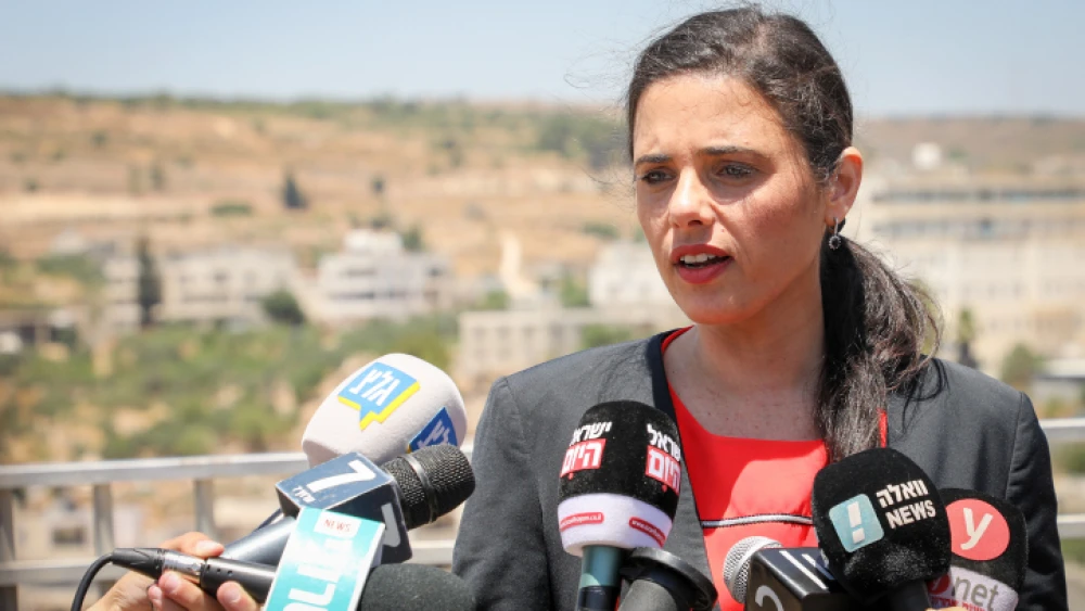 Yamina Party leader and former justice minister Ayelet Shaked speaks at a press conference in Efrat in the West Bank, July 22, 2019. Photo by Gershon Elinson/Flash90.