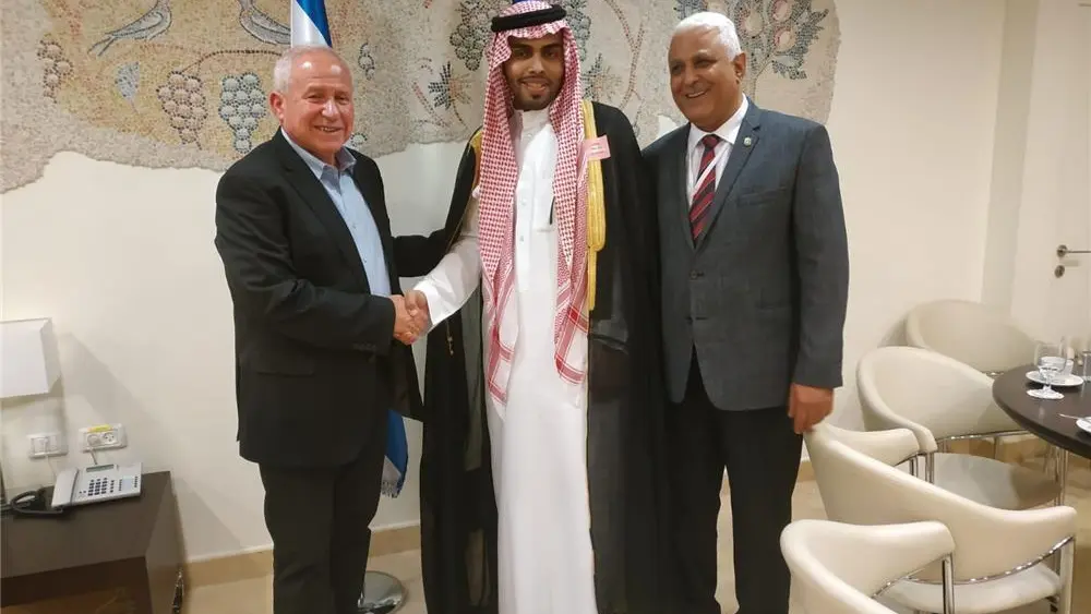 Saudi blogger Mahmoud Saud meets with Israeli Agriculture Minister Avi Dichter (left), then chairman of the Knesset Foreign Affairs and Defense Committee, July 22, 2019. Credit: Israeli Knesset.