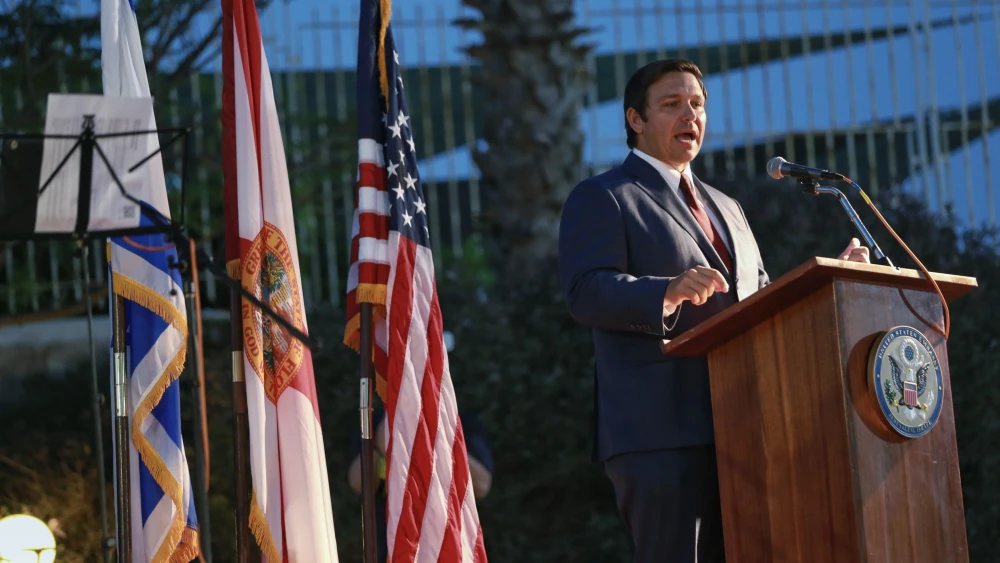 Florida Gov. Ron DeSantis addresses a crowd at the U.S. embassy in Israel, May 28, 2019. Credit: Governor’s Press Office.