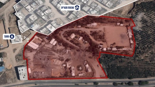 A Hamas compound (in red) struck by the IDF on Aug. 7, 2021, adjacent to a residential area (top) and mosque (top left) in the Gaza Strip. Credit: Israel Defense Forces.
