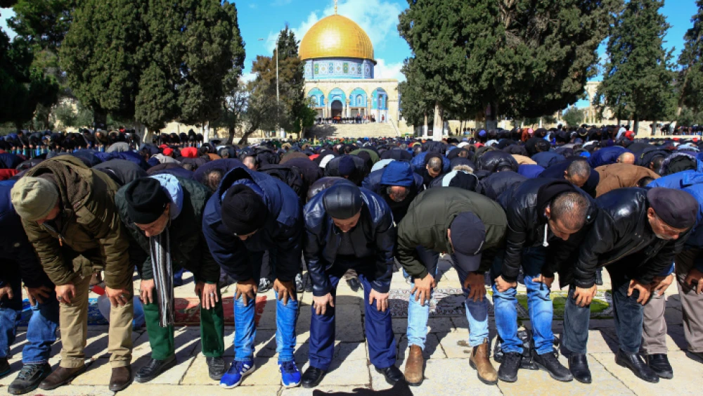 Muslims perform Friday prayers at the Al-Aqsa mosque compound in Jerusalem's Old City on Jan. 31, 2020. Photo by Sliman Khader/Flash90.