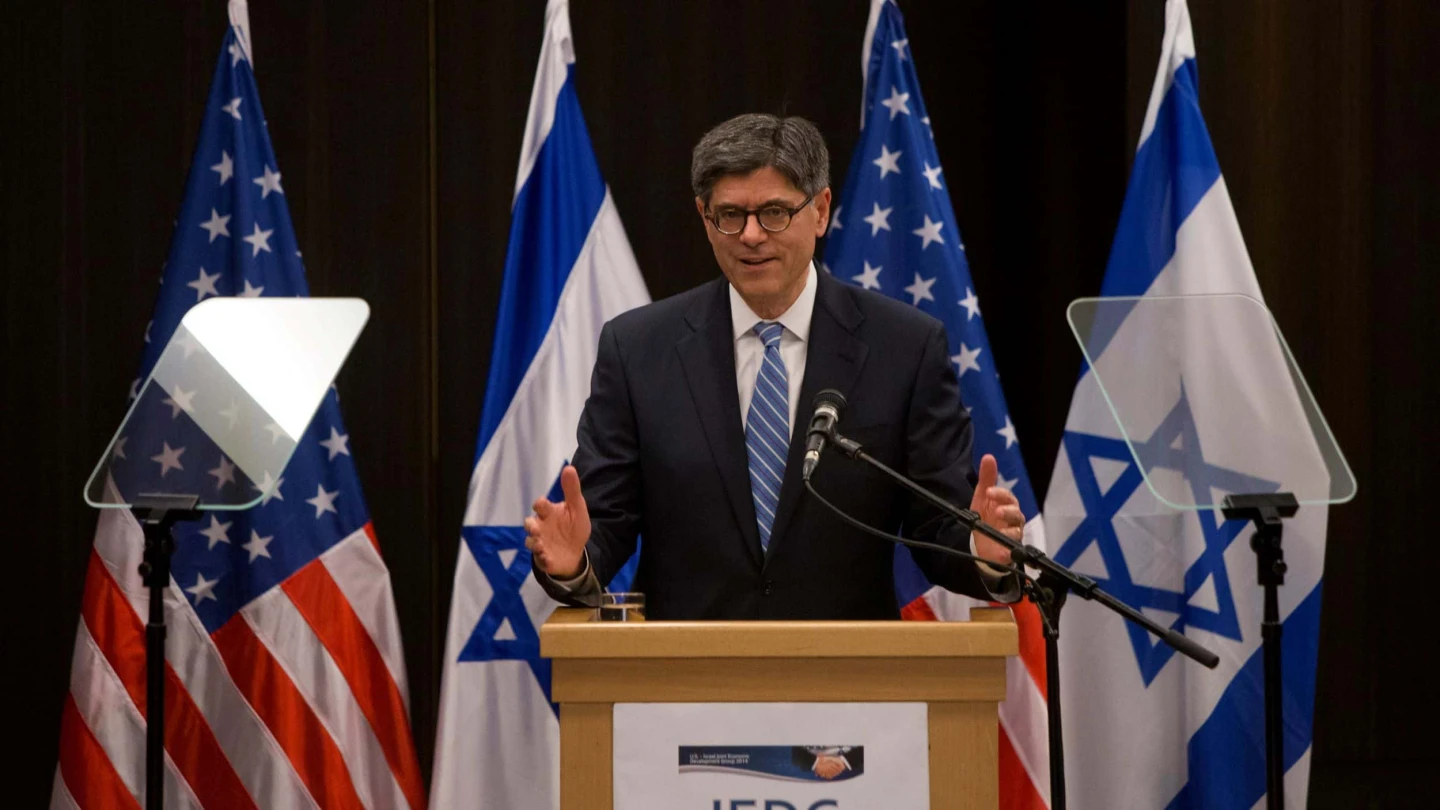 Then-U.S. Treasury Secretary Jack Lew speaks during a U.S.–Israel Joint Economic Development Group (JEDG) meeting at the David Citadel Hotel in Jerusalem on June 18, 2014. Photo: Yonatan Sindel/Flash90