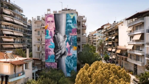A street mural in Patras, Greece, honors two non-Jewish Greek citizens recognized by Yad Vashem for saving Jews during the Holocaust. Credit: Combat Antisemitism Movement.