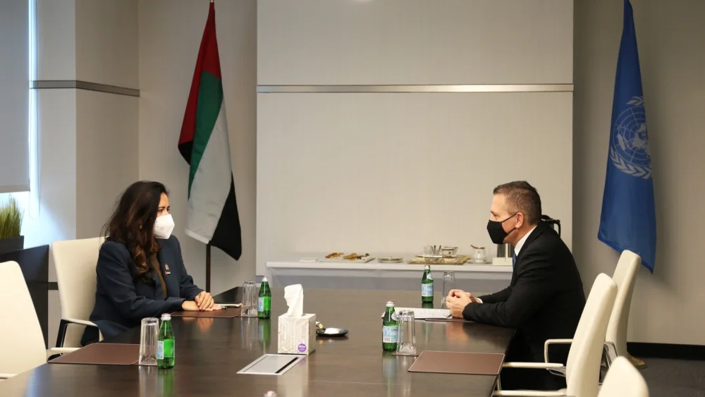 Israeli Ambassador to the United Nations Gilad Erdan (right) meets with United Arab Emirates Ambassador to the United Nations Lana Nusseibeh at the UAE Mission on Sept. 23, 2020. Credit: UAE Mission to U.N./Twitter.