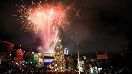 Fireworks during a Christmas tree lighting ceremony in the Samaria city of Ramallah, Dec. 1, 2018. Credit: Flash90.