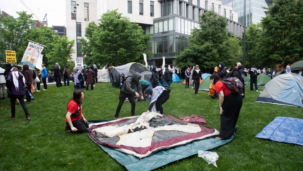 Pro-Palestinian protesters set up an encampment at Drexel University in Philadelphia as they rally to mark the anniversary of the “nakba” (“catastrophe”) of the modern-day State of Israel, May 18, 2024. Photo by Matthew Hatcher/AFP via Getty Images.