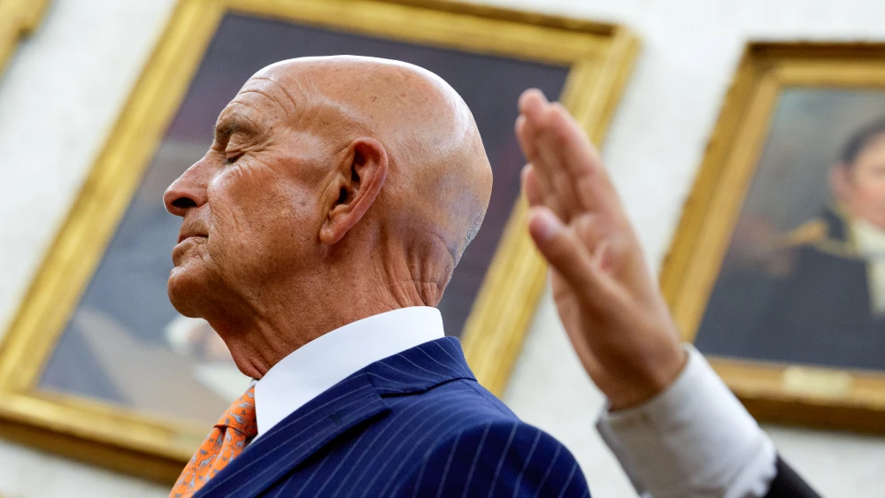 U.S. ambassador to Turkey Thomas Barrack attends a meeting with U.S. President Donald Trump and Prime Minister of Iraq Ali al-Zaidi in the Oval Office of the White House on July 14, 2026 in Washington, DC. Photo by Andrew Harnik/Getty Images.