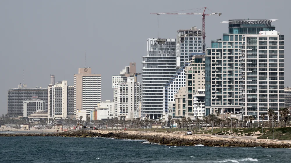 Hotels on Tel Aviv’s coastline are seen from Jaffa on March 26, 2020. Photo by Gili Yaari/Flash90.