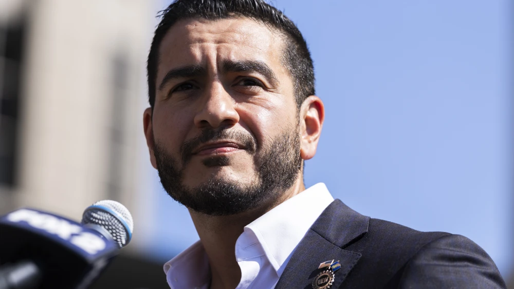 Michigan Democratic Senate primary winner Abdul El-Sayed speaks during a press conference in front of the Spirit of Detroit statue, Aug. 5, 2026. Photo by Finn Gomez/Getty Images.