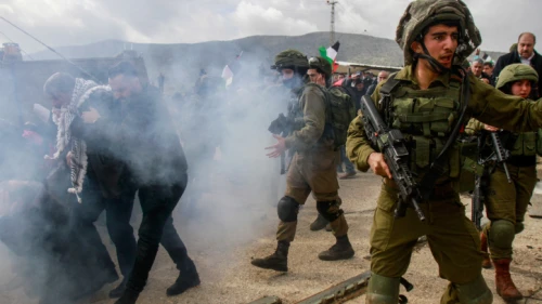 Palestinians clash with Israeli soldiers near the town of Tubas in Judea and Samaria, during a demonstration against U.S. President Donald Trump's peace proposal on on Jan. 29, 2020. Photo by Nasser Ishtayeh/Flash90.