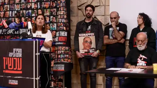 Relatives of Israelis held hostage by Hamas terrorists in Gaza since the Oct. 7 massacre hold a press conference in Tel Aviv on Dec. 4, 2023. Photo by Tomer Neuberg/Flash90.