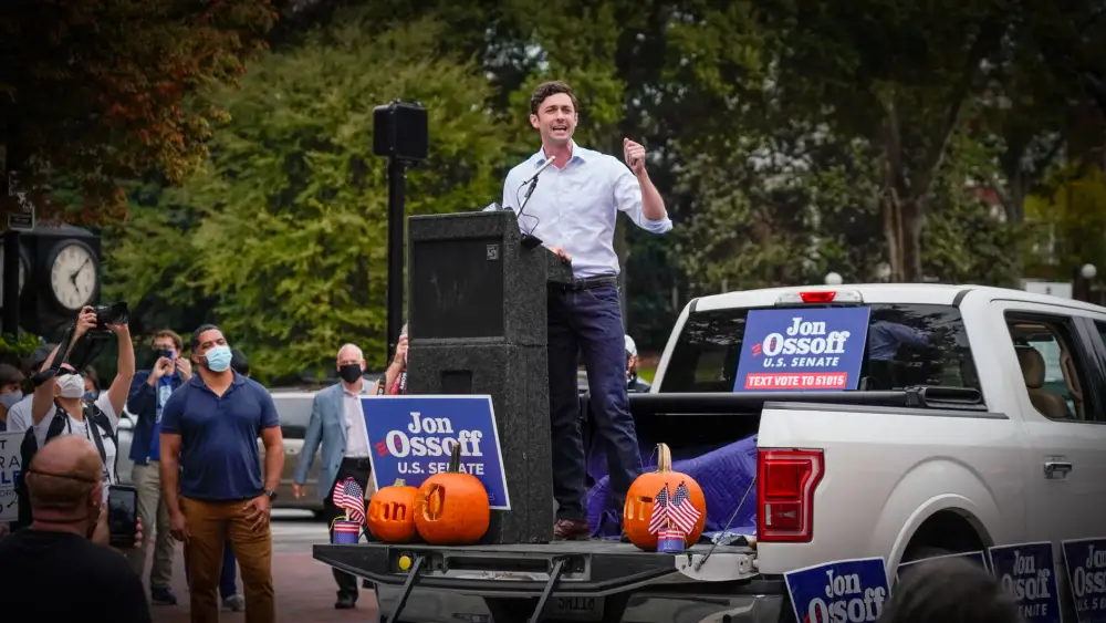 Then-Georgia Democratic candidate for U.S. senate Jon Ossoff at a campaign rally in Athens, Ga.. on Oct. 27, 2020. Source: Jon Ossoff via Facebook.