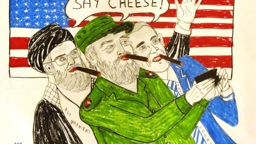 Click photo to download. Caption: "Smile! It’s a grave new world," a cartoon by Nathan Moskowitz. JNS.org columnist Ben Cohen writes that President Barack Obama's logic for U.S. foreign policy goes as follows: If we can make peace with Cuba and end a trade embargo that has prevailed for more than 50 years, why can’t we do the same with Iran? Credit: Nathan Moskowitz.