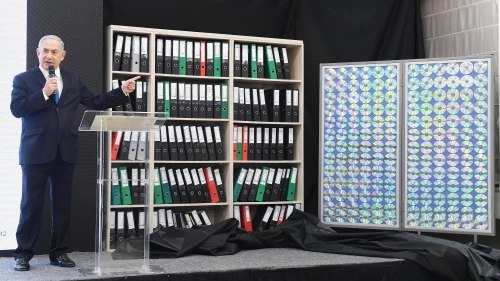 Israeli Prime Minister Benjamin Netanyahu exposes files smuggled out of Iran which Israel claims detail the Islamic Republic's illicit military nuclear program, April 30, 2018. Credit: Amos Ben-Gershom/GPO.