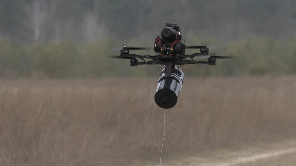 A Ukrainian FPV drone unspooling its fiber optic cable, Feb. 1, 2025. Credit: АрміяІнформ via Wikimedia Commons.