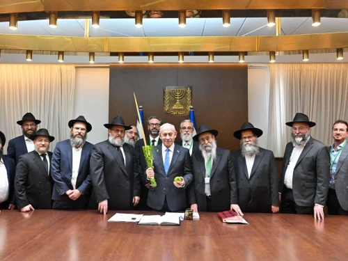 Israeli Prime Minister Benjamin Netanyahu hosts a delegation of Chabad rabbis in his Jerusalem office in honor of the Sukkot holiday, Oct. 6, 2025. Photo by Kobi Gideon/GPO.