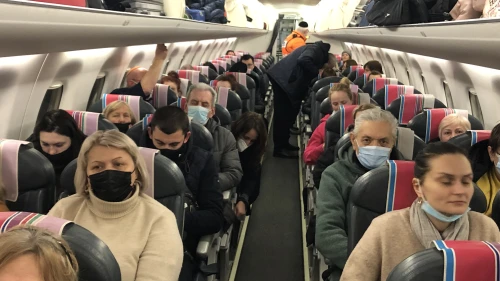 Ukrainian refugees on their way to Israel from Romania, March 7, 2022. Photo by Josh Hasten.