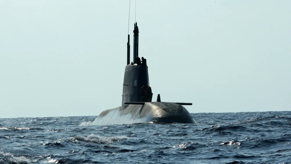 An Israeli Navy Dolphin-class submarine off the coast of Haifa on Sept. 7, 2009. Photo by Moshe Shai/Flash90.
