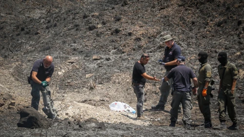 Israeli security at the scene of where a missile fired from Lebanon, into northern Israel, hit in an open field, near the city of Kiryat Shmona, Aug. 4, 2021. Photo by David Cohen/Flash90.