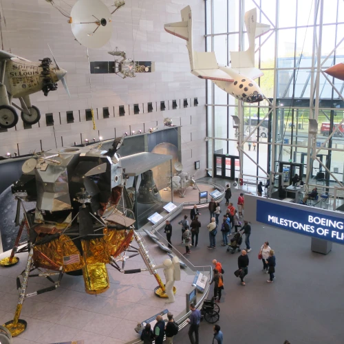 The Smithsonian National Air and Space Museum on the National Mall in Washington, D.C., with Charles Lindbergh's “Spirit of St. Louis” in the top left corner. Photo by Menachem Wecker.