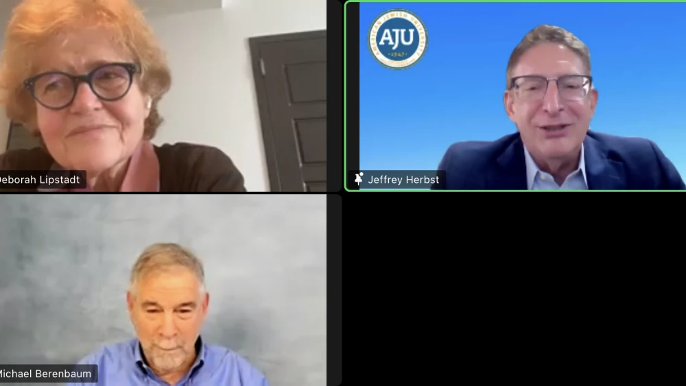 Deborah Lipstadt speaking as part of a panel hosted by the American Jewish University, along with Professor Michael Berenbaum and Jeffrey Herbst, president of the American Jewish University. Source: Screenshot.