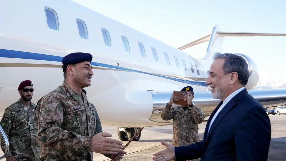 Field Marshal Asim Munir, Pakistan's highest-ranking military official, is welcomed to Tehran by Iranian Minister of Foreign Affairs Abbas Araghchi, April 15, 2026. Photo by Iranian Ministry of Foreign Affairs/Handout via Getty Images.