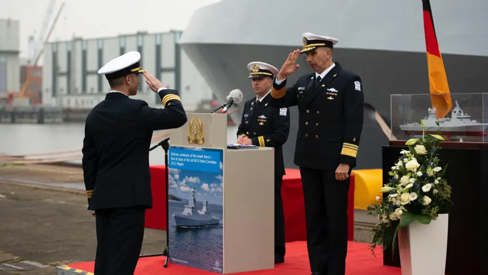 The INS Magen held its Commissioning and Flag Raising Ceremony on Nov. 11, during which the German flag was exchanged for the Israeli flag. Credit: IDF Spokesperson's Unit.