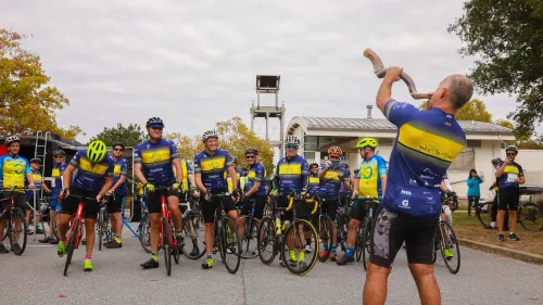 Cyclists commence the ride with the blowing of the shofar