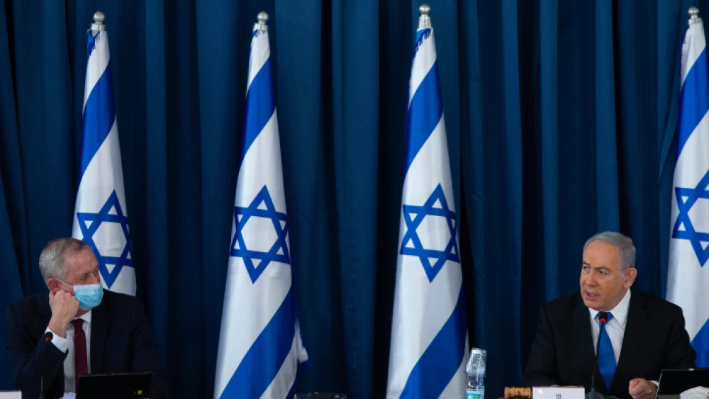 Israeli Prime Minister Benjamin Netanyahu and Defense Minister Benny Gantz at the weekly cabinet meeting, at the Foreign Ministry in Jerusalem on July 5, 2020. Photo by Amit Shabi/POOL.