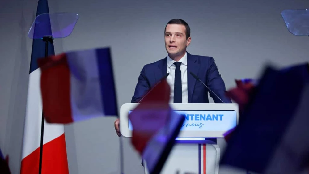French far-right party Rassemblement National (RN)'s president Jordan Bardella delivers a speech in Paris, France during the party's 18th congress on Nov. 5, 2022. Credit: Chesnot/Getty Images.