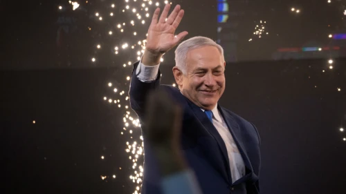 Israeli Prime Minister Benjamin Netanyahu waves to supporters at Likud Party headquarters in Tel Aviv on April 9, 2019. Photo by Yonatan Sindel/Flash90.