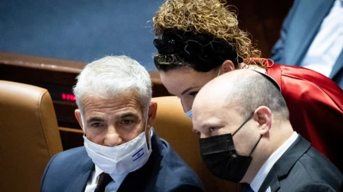 Israeli Prime Minister Naftali Bennett with Foreign Minister Yair Lapid and Knesset member Idit Silman in the Knesset assembly hall, Jan. 5, 2022. Photo by Yonatan Sindel/Flash90.