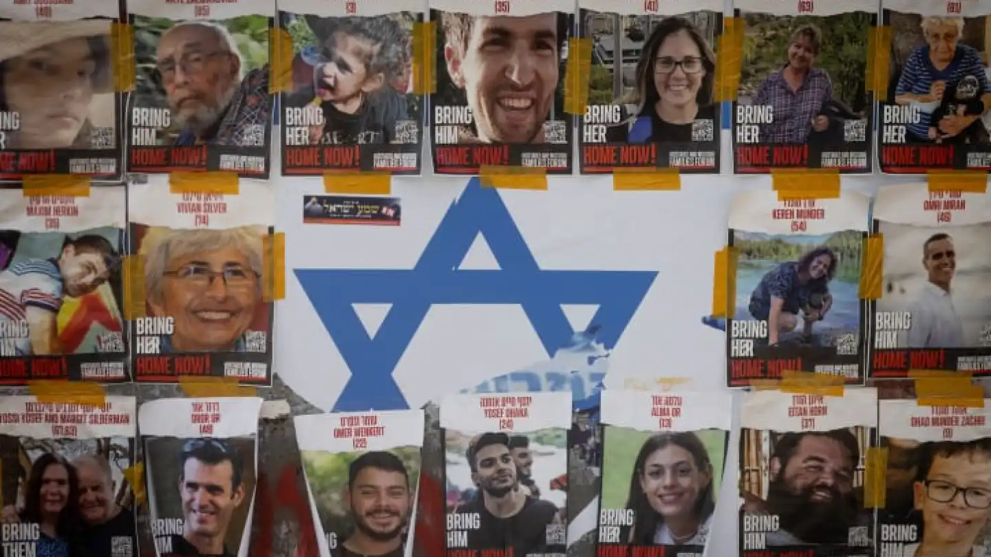 Pictures of civilians held hostage by Hamas terrorists in Gaza, in Jerusalem, Nov. 14, 2023. Photo by Chaim Goldberg/Flash90.