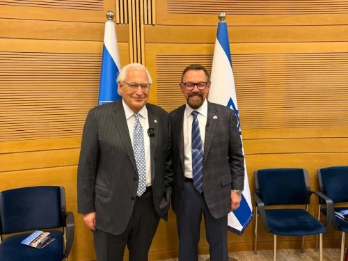 Former US Ambassador to Israel David Friedman with American pastor Larry Huch at the Knesset's Christian Allies Caucus. Credit: Courtesy, October 21, 2025.
