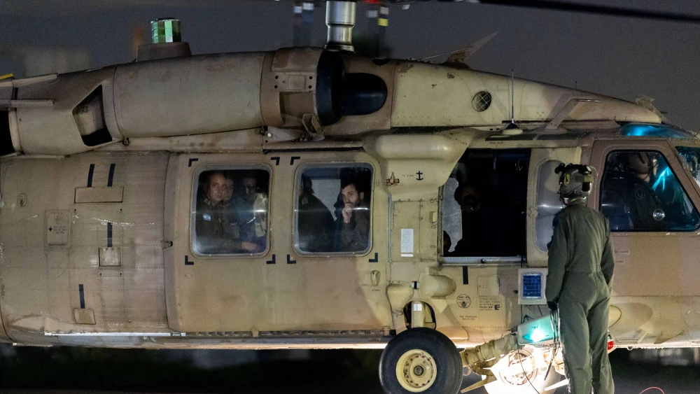 An Israeli military helicopter with released hostage Mia Shem arrives at the Sheba Medical Center in Ramat Gan, Nov. 30, 2023. Photo by Yonatan Sindel/Flash90.