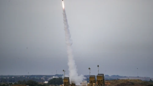 Israel's Iron Dome air-defense system fires an interceptor at rockets fired from the Gaza Strip, in Sderot on May 10, 2023. Photo by Flash90.
