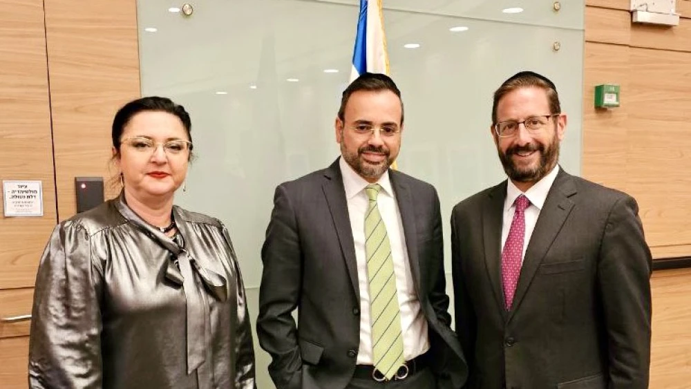 From left: Knesset member Tatiana Mazarsk, MK Uriel Buso and former MK Dov Lipman, founder and CEO of Yad L’Olim. Credit: Courtesy of Yad L’Olim.