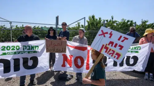People protest against the construction of a wind farm on the Golan Heights, June 23, 2023. Photo by Ayal Margolin/Flash90.