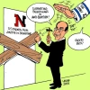A cartoon posted on the Facebook page of Northeastern University's Students for Justice in Palestine chapter—which was suspended earlier this year before being reinstated—depicts University President Joseph Aoun nailing boards on the door of the student group. Mirroring the conspiracy theory that Israel controls American foreign policy, the cartoon features a disembodied arm from the sky—with a Star of David and “The Lobby” written on its sleeve—patting Aoun on the head. Credit: Northeastern SJP Facebook page.