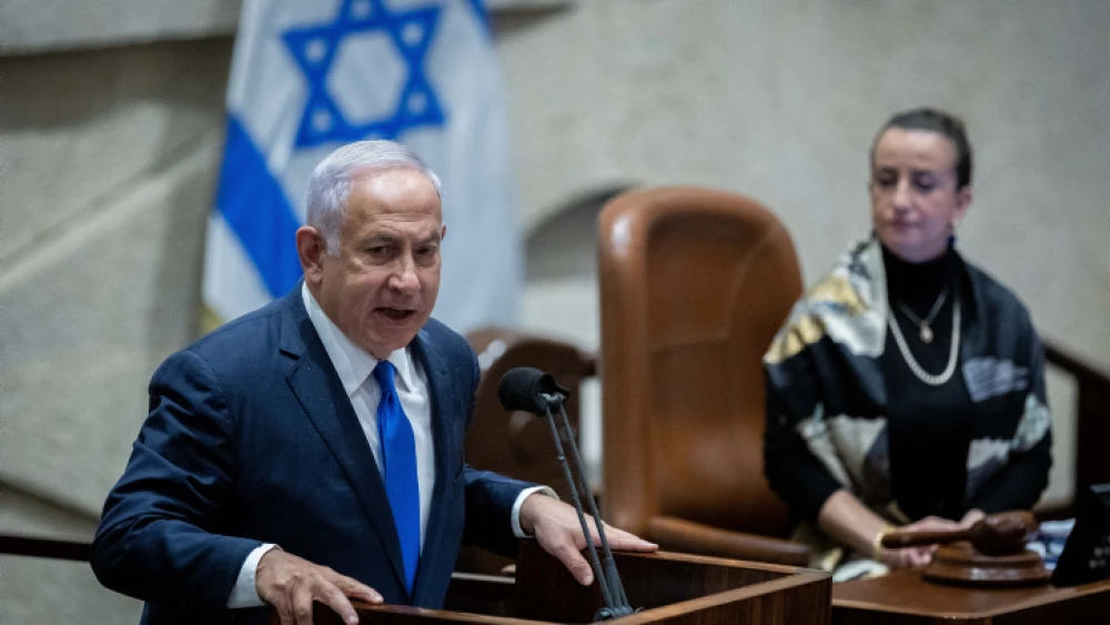 Israeli opposition leader Benjamin Netanyahu speaks during a plenum session at the Knesset, on Feb. 28, 2022. Photo by Yonatan Sindel/Flash90.