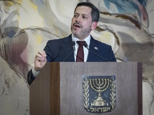 Paraguayan Chamber of Deputies President Raúl Latorre speaks during the lighting of the first Chanukah candle at the Knesset in Jerusalem, Israel, Dec. 14, 2025. Photo by Yonatan Sindel/Flash90.