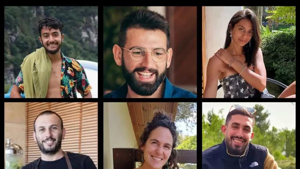 (From top left to right, clockwise) Hersh Goldberg-Polin, Almog Sarusi, Eden Yerushalmi, Alexander Lobanov, Carmel Gat and Ori Danino. Credit: Hostages and Missing Families Forum.