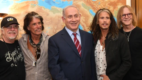 Israeli Prime Minister Benjamin Netanyahu meets with members of the rock band Aerosmith at the Prime Minister's Office in Jerusalem on May 18, 2017. Photo by Kobi Gideon/GPO.
