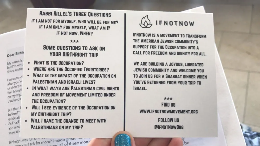 An IfNotNow pamphlet targeting Birthright participants. Credit: Ariel Tidhar.
