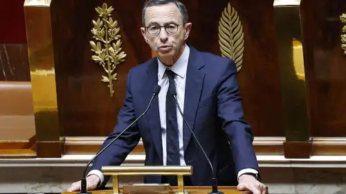 Interior Minister Bruno Retailleau speaks during a debate on narcotraffic at the French National Assembly in Paris, on April 29, 2025. Photo by Ludovic Marin/AFP via Getty Images.