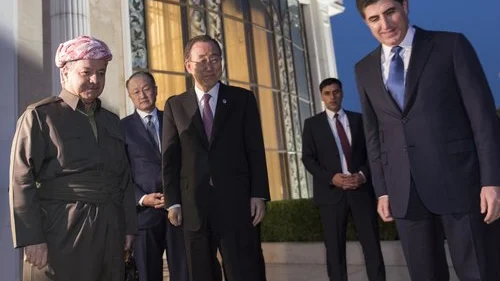 Ban Ki-moon, then secretary-general of the United Nations, meets with Masoud Barzani (left), president of the Kurdistan Regional Government (KRG), and Nechirvan Barzani (right), prime minister of the KRG, in March 2016 in Erbil, Iraq. Credit: U.N. Photo/Mark Garten.